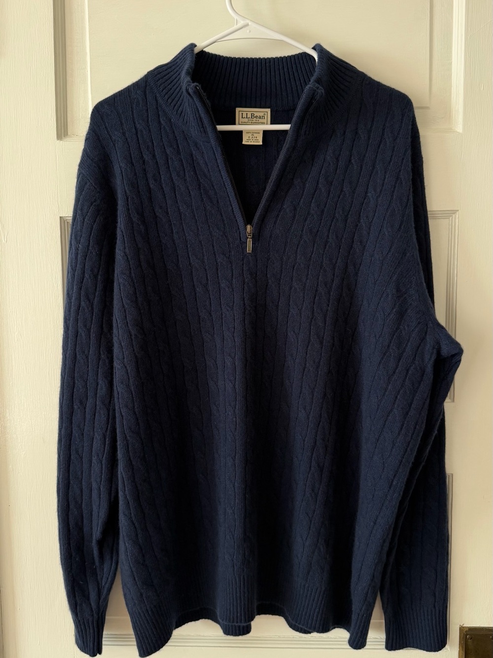 L.L. Bean 100% Cashmere Navy Blue Cable Knit 1/4 Zip Sweater XL